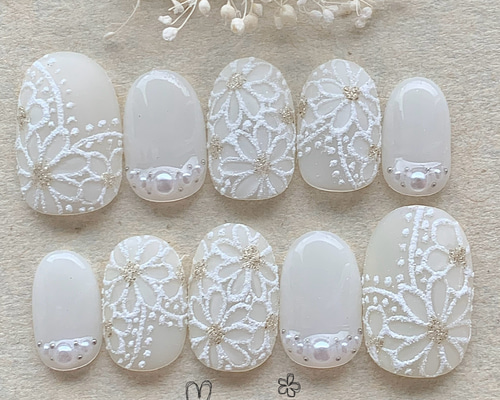 お客様完成品♡ネックレス風ネイル　レースネイル　パール　量産型　ネイルチップ お客様完成品♡ネックレス風ネイル レースネイル パール 量産型