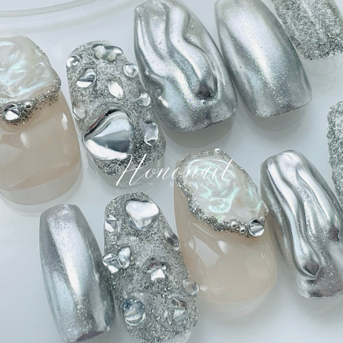 ネイルチップ 個性派 うねうね シルバー ニュアンス マーブル #6 0_d825d02f445f034cbe7748c1aeef