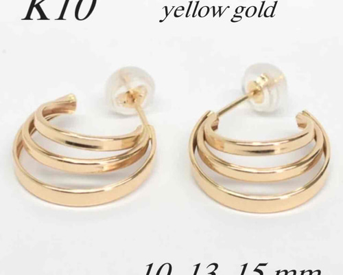 ＊kana＊10金【2×15mm 定番フープピアス】K10刻印入 新品！ 新入荷＊10金【3連フープピアス イエローゴールド】 K10刻印入