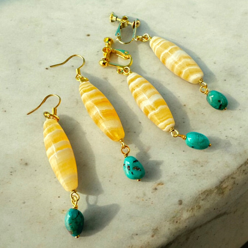HNTK ストライプアラゴナイト＆マグネサイトターコイズ イヤリング
