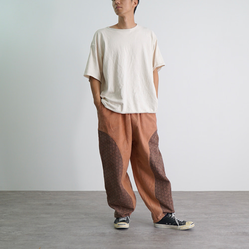 カーブパンツ/コーラルピンク/三河木綿 刺し子織 ロングパンツ