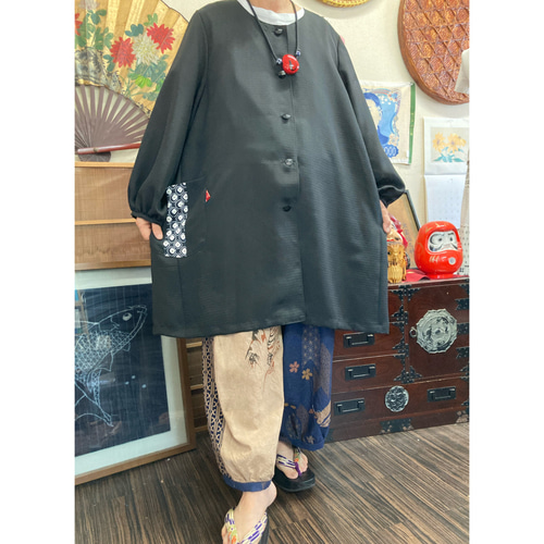 絽(黒色)のロングジャケット 着物リメイク ジャケット 着物リメイク 