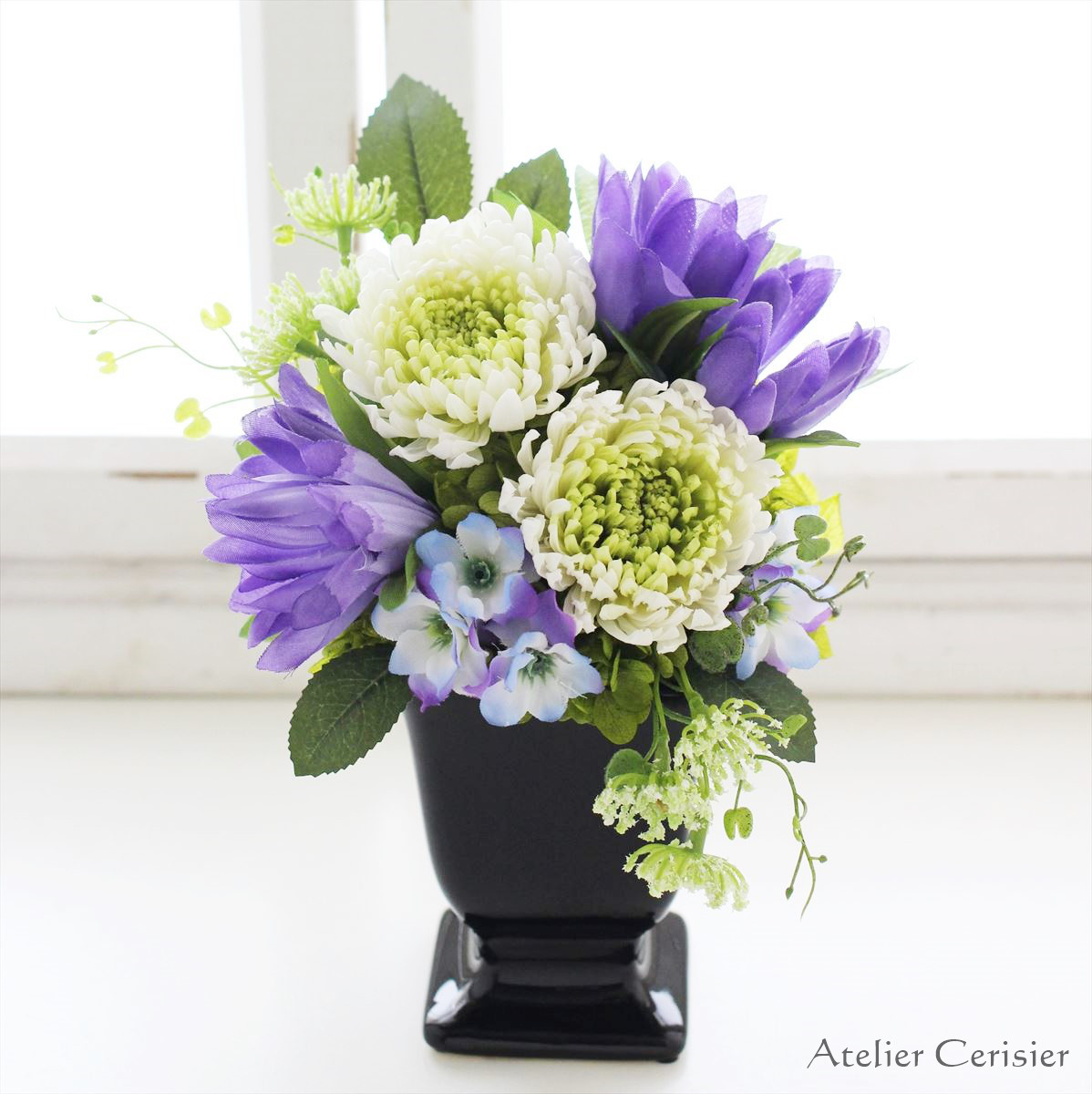 輪菊の仏花 ＜シランス Sサイズ＞菊 ホワイトグリーン リンドウ お供え花 プリザーブドフラワー