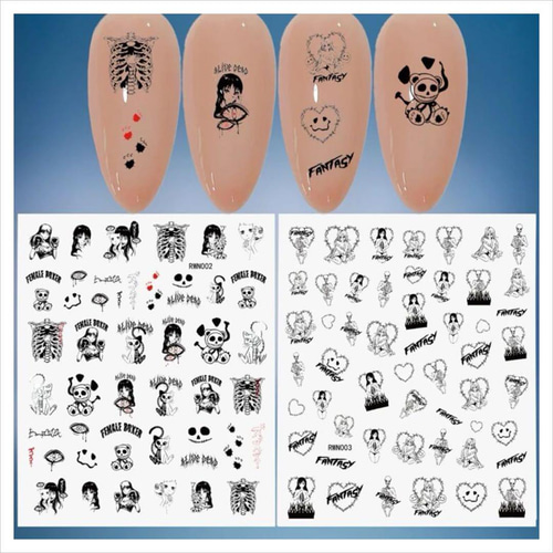 NT211《2枚》ネイルシール 手描き 黒 キャラクター 病み 骸骨