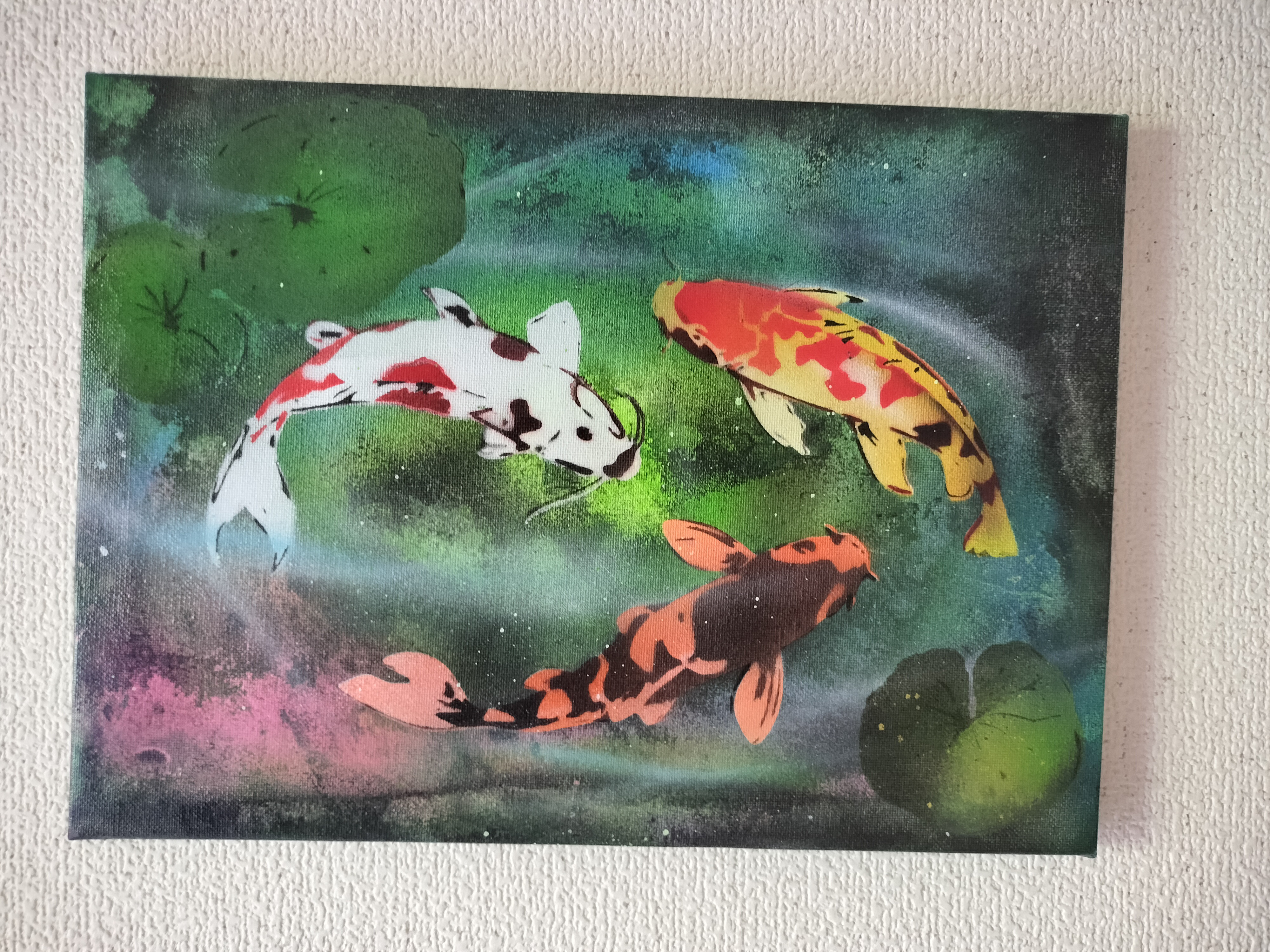 原画『 錦鯱 』アクリル重曹フィンガーアート インテリア 錦鯉 シャチ 锦鲤的绘图、キャンバスに鯉の油絵、オリジナルの鯉の壁アート