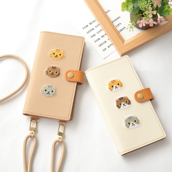 全機種対応 スマホケース 手帳型 【 スコティッシュフォールド 】 ゴールドパーツ 猫 スマホショルダー A292I 1枚目の画像