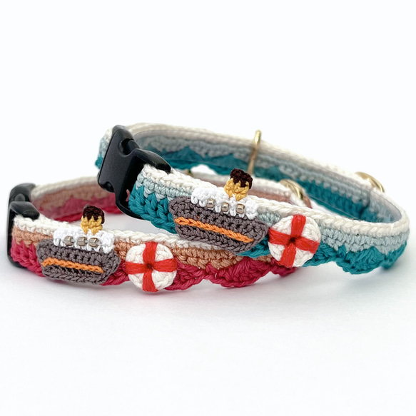 船（青空&夕焼け）　猫さんにやさしい首輪【かぎ針編み　猫の首輪　猫　首輪　セーフティバックル　軽い　やわらかい】 1枚目の画像