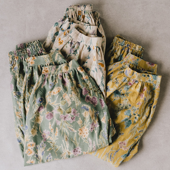 夏にぴったり！バルーンパンツ ハーフリネン アラジンパンツ フラワー グリーン ボタニカル ゆったり 半端丈 13枚目の画像