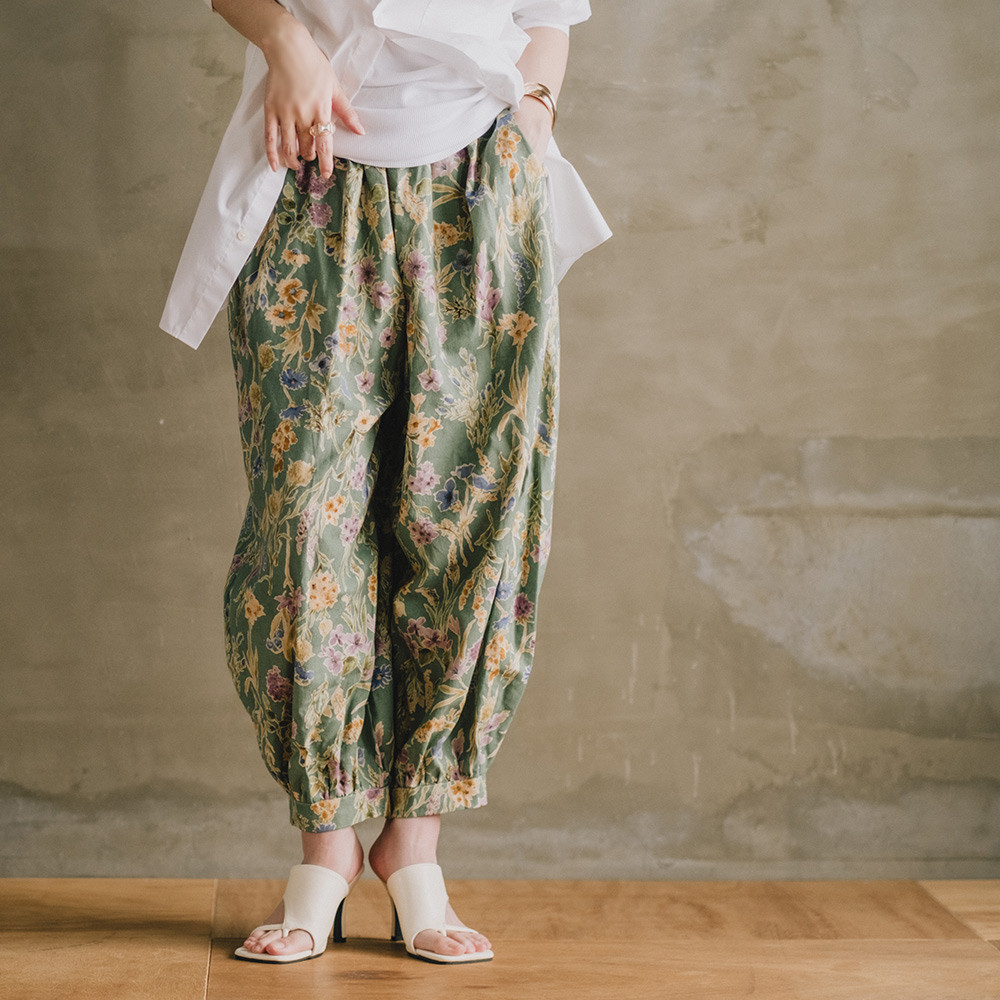 夏にぴったり！バルーンパンツ ハーフリネン アラジンパンツ フラワー グリーン ボタニカル ゆったり 半端丈