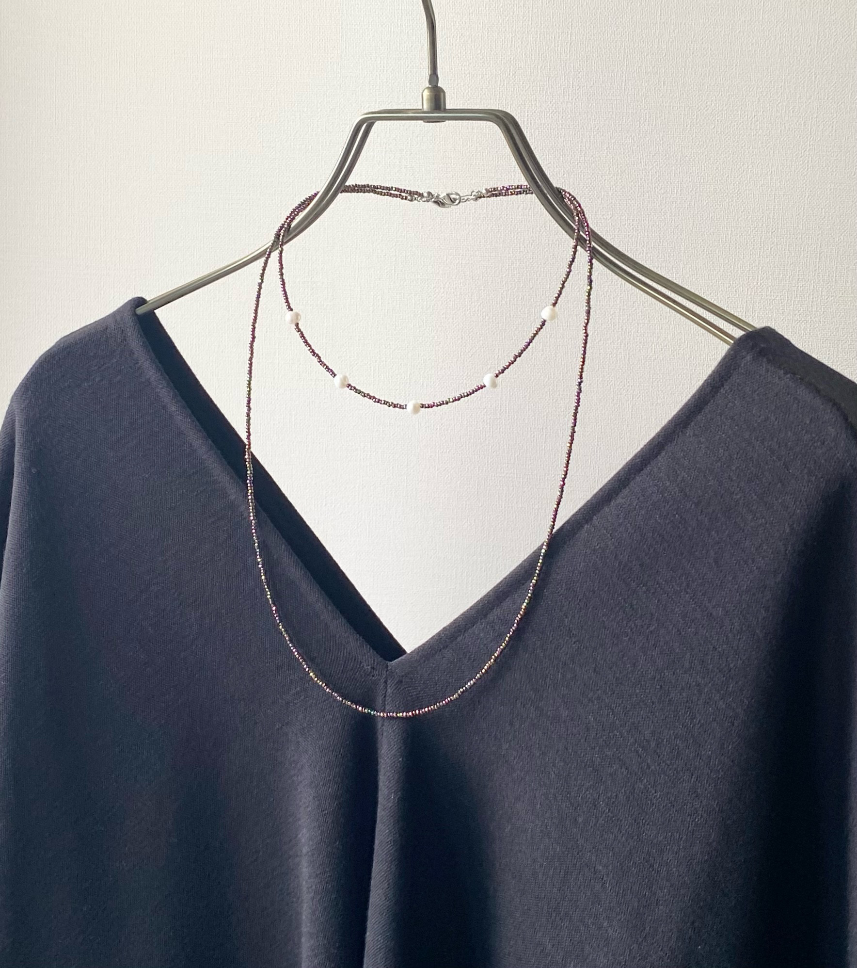 こだわりビーズとパールのネックレス 2本セット　Dark Opal