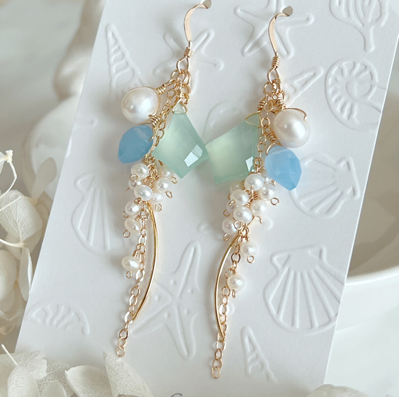 再販＊【14kgf】ミントグリーンオニキス×淡水パール＊ロングピアス 