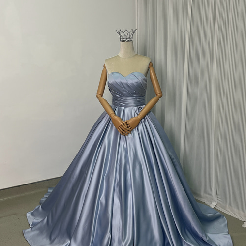 送料無料！パーティードレス ベアトップ 光沢感 ブルー 編み上げ  