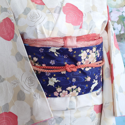 hob77 大人の半幅帯 細帯 リバーシブル ハンドメイド 浴衣 着物