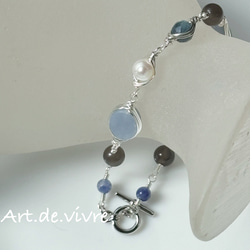 [再販]フォーマルにも映える「エンジェライト」＆「ディープブルーアクアマリン」＆「淡水パール」のブレス 6枚目の画像