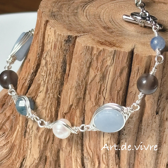 [再販]フォーマルにも映える「エンジェライト」＆「ディープブルーアクアマリン」＆「淡水パール」のブレス 8枚目の画像