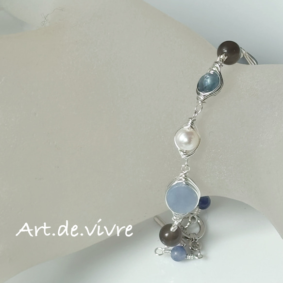 [再販]フォーマルにも映える「エンジェライト」＆「ディープブルーアクアマリン」＆「淡水パール」のブレス 7枚目の画像