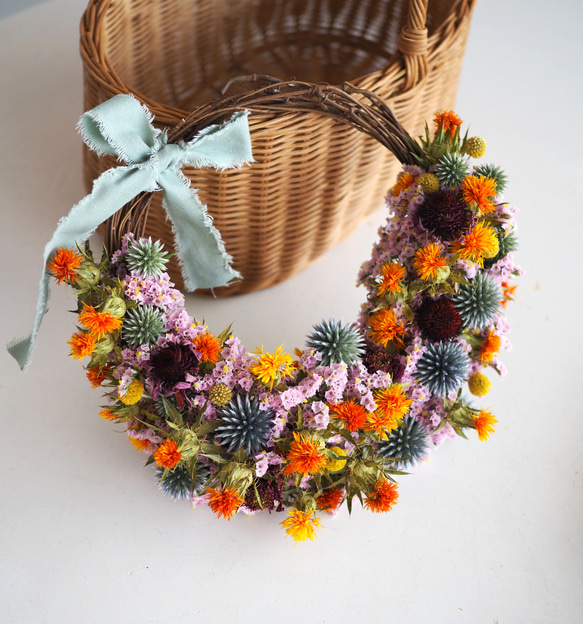 紅花と瑠璃玉アザミのカラフルハーフリース 【ドライフラワー 