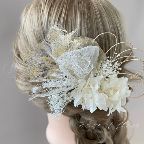 Nuage d'or】チュールとシフォンの髪飾り プリザーブドフラワー ドライ