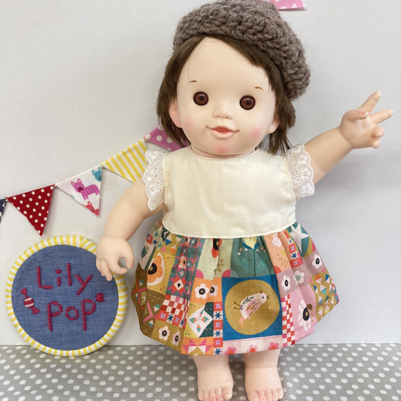 ハンドメイドぽぽちゃん 手編みワンピース、パンツ ベージュ系カラー ノスタルジックなワンピース♡ ぽぽちゃん 服 USAコットン おもちゃ