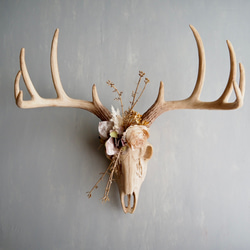 Botanical Bone 鹿スカル × アーティフィシャルフラワー 壁掛けインテリア（Stag ver.） 2枚目の画像