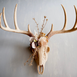 Botanical Bone 鹿スカル × アーティフィシャルフラワー 壁掛けインテリア（Stag ver.） 4枚目の画像