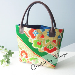 帯リメイク　ボストンバッグ風　銀色地　金　緑色　植物　刺繍 帯リメイク ボストンバッグ風 銀色地 金 緑色 植物 刺繍 - メルカリ