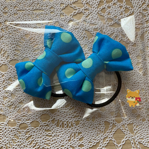 f リボンヘアゴム 2個セット 水色 水玉 ドット 髪ゴム ベビー 幼児