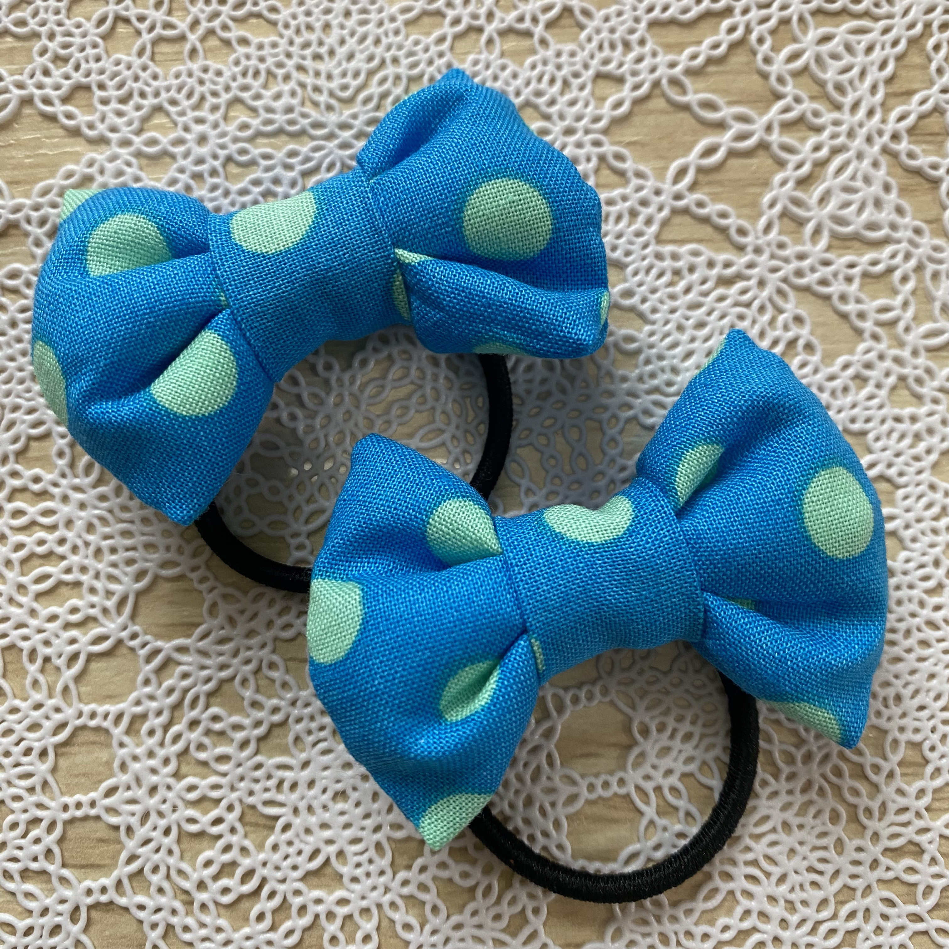 f リボンヘアゴム 2個セット 水色 水玉 ドット 髪ゴム ベビー 幼児