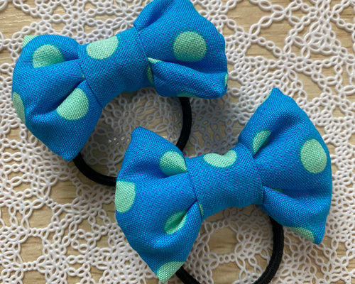 f リボンヘアゴム 2個セット 水色 水玉 ドット 髪ゴム ベビー 幼児