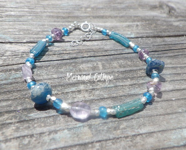 *sv925*Ocean Blue ローマングラスとアメジスト＆カレンシルバーのブレスレット