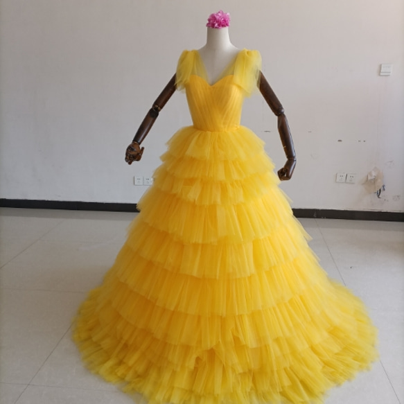 可愛い パーティードレス イエロー 柔らかく重ねたチュールスカート  