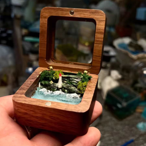 ミニチュア 木製リングボックス 海アート 灯台 風景 レジン