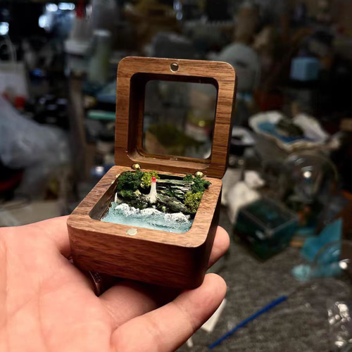ミニチュア 木製リングボックス 海アート 灯台 風景 レジン