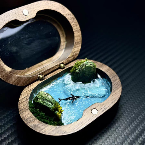 ミニチュア 木製リングボックス 海アート イルカ 風景 レジン