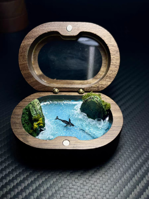 ミニチュア 木製リングボックス 海アート イルカ 風景 レジン