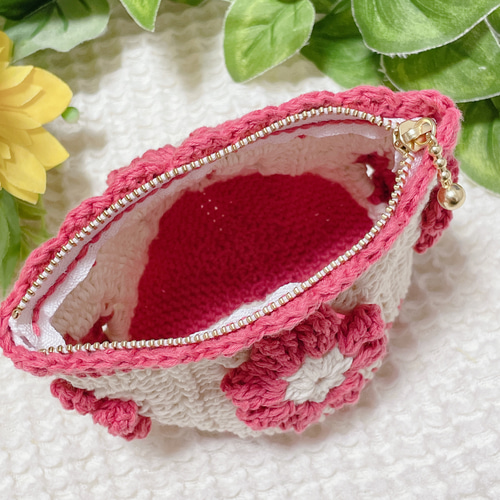 あい お花モチーフ巾着ポーチ・ファスナーポーチ 手編み かぎ針 ファスナーポーチ モチーフ お花 ポーチ momosan no