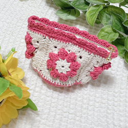 手編み かぎ針 ファスナーポーチ モチーフ お花 ポーチ momosan no