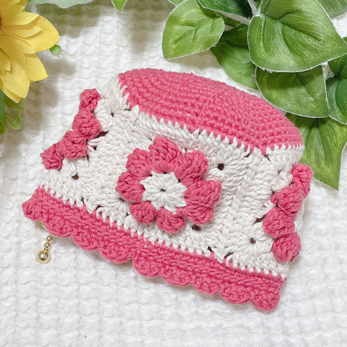 手編み かぎ針 ファスナーポーチ モチーフ お花 ポーチ momosan no
