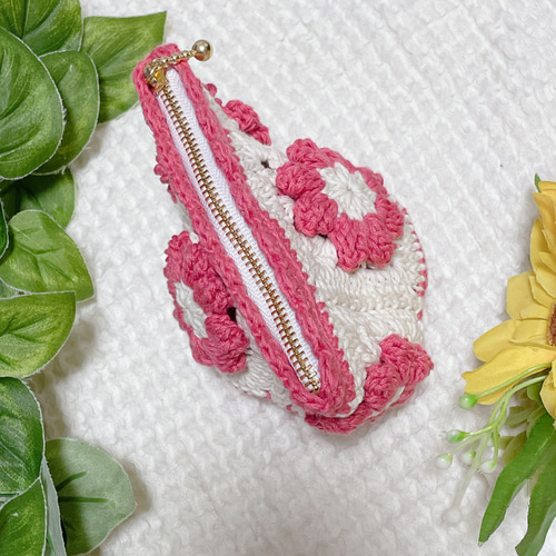 手編み かぎ針 ファスナーポーチ モチーフ お花 ポーチ momosan no