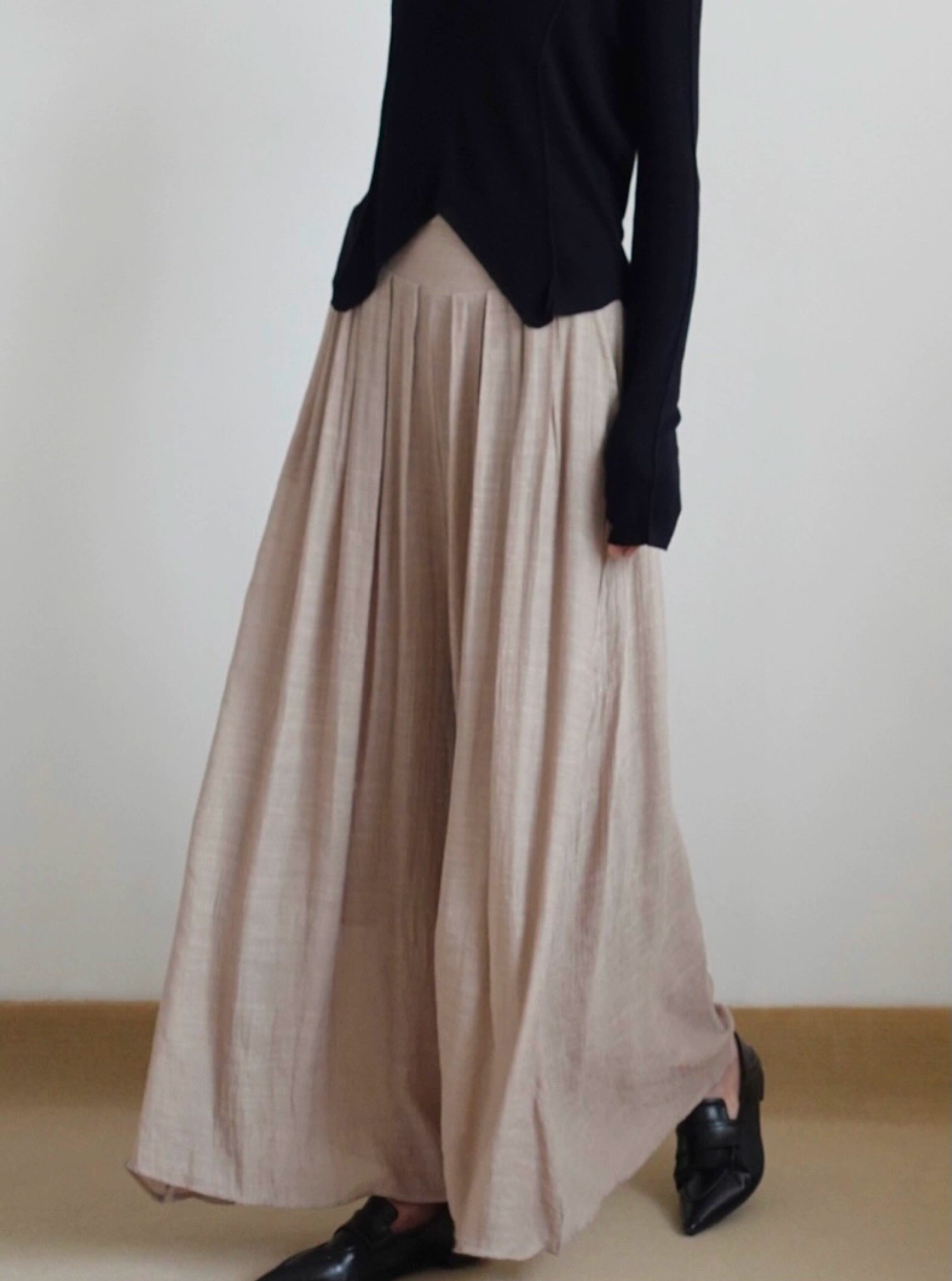 落ち感タックで上品に体型カバー♪ワイドフルレングスパンツ ベージュ