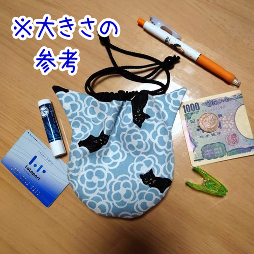 送料120円】猫型の猫柄ミニ巾着袋□ハンドメイド□猫好きさんへ