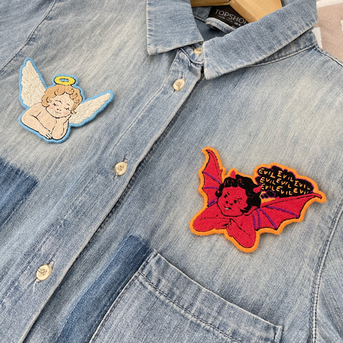スカジャン刺繍風 天使と悪魔セット 手刺繍チェーンステッチ