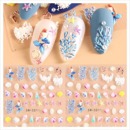 NT287《1枚》ネイルシール 夏 マーメイド 3D ぷっくり 貝 サンゴ 珊瑚