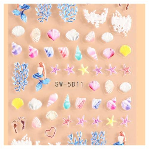 NT287《1枚》ネイルシール 夏 マーメイド 3D ぷっくり 貝 サンゴ 珊瑚