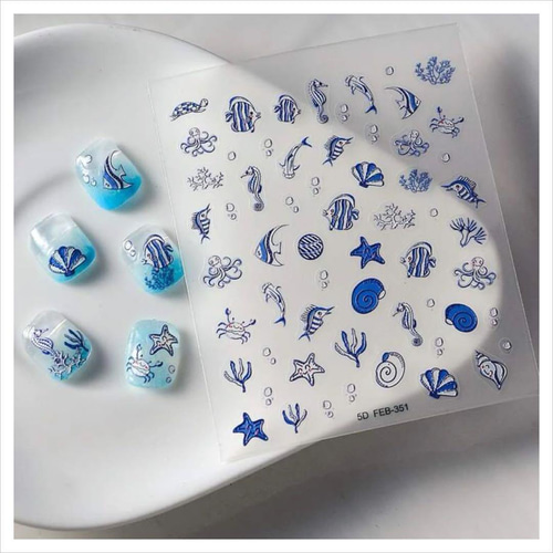 NT381《1枚》ネイルシール 青 海 夏 ポップ 熱帯魚 ヒトデ サンゴ 珊瑚