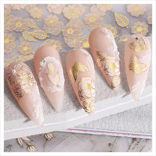 NT443《3枚》ネイルシール バラ 薔薇 花 ピンク 金ゴールド 和柄 成人  