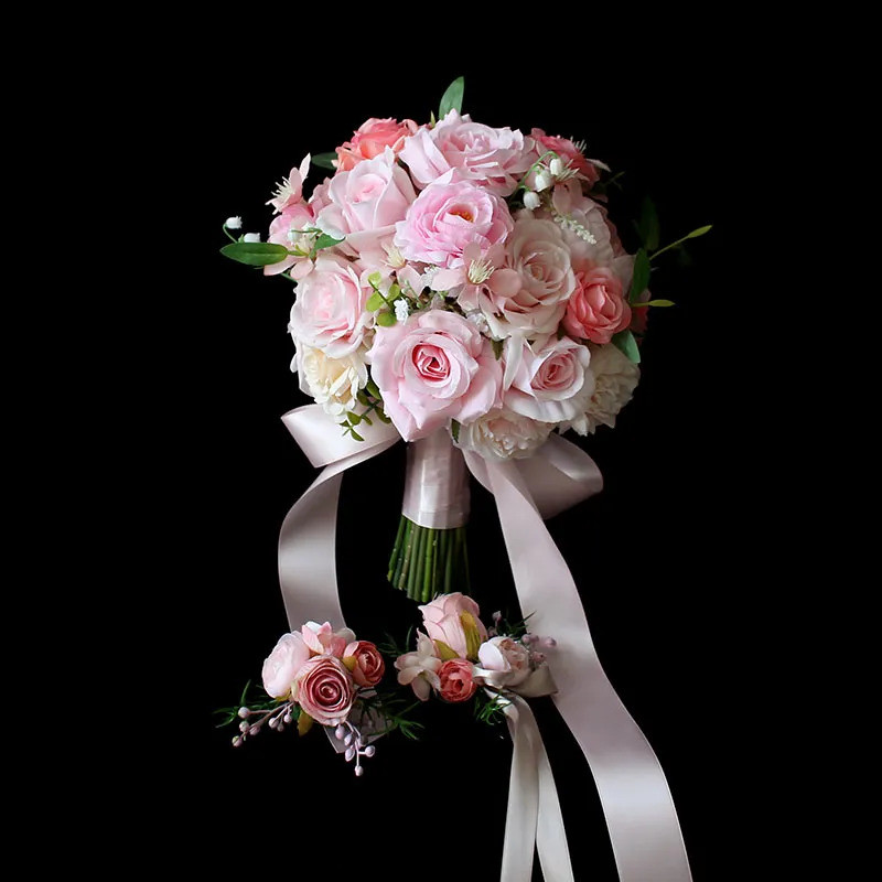 結婚式の花嫁 造花、外装ウェディングドレス、写真撮影、結婚式の花嫁の手のブーケ ブーケ、コサージュ、手首の花、3つのコー