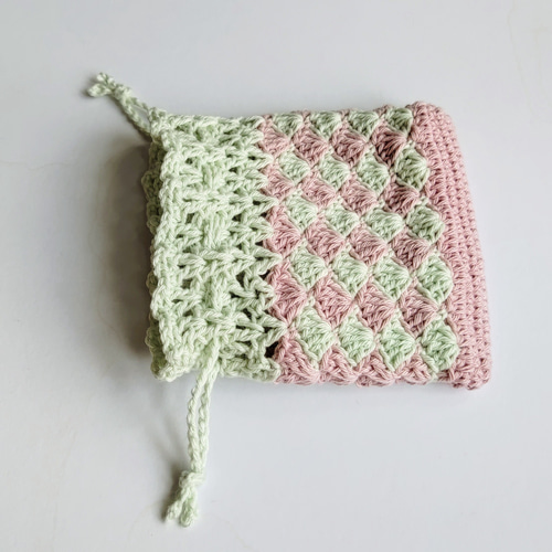 ✨再販 ミニ巾着袋 ピンク＆ミントグリーン コットン 編み物 かぎ針