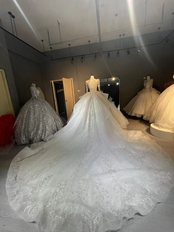 ロングトレーン　上品　エレガントなシルエット　ボリューム　長袖　ストーン　ホワイト　大人気上昇中ウェディングドレス結婚式 