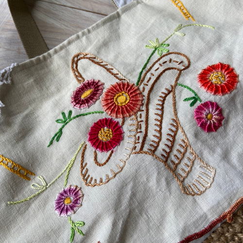 フランスアンティーク*ホームスパンリネン*手刺繍かごバッグ フランスアンティーク*ホームスパンリネン*手刺繍かごバッグ